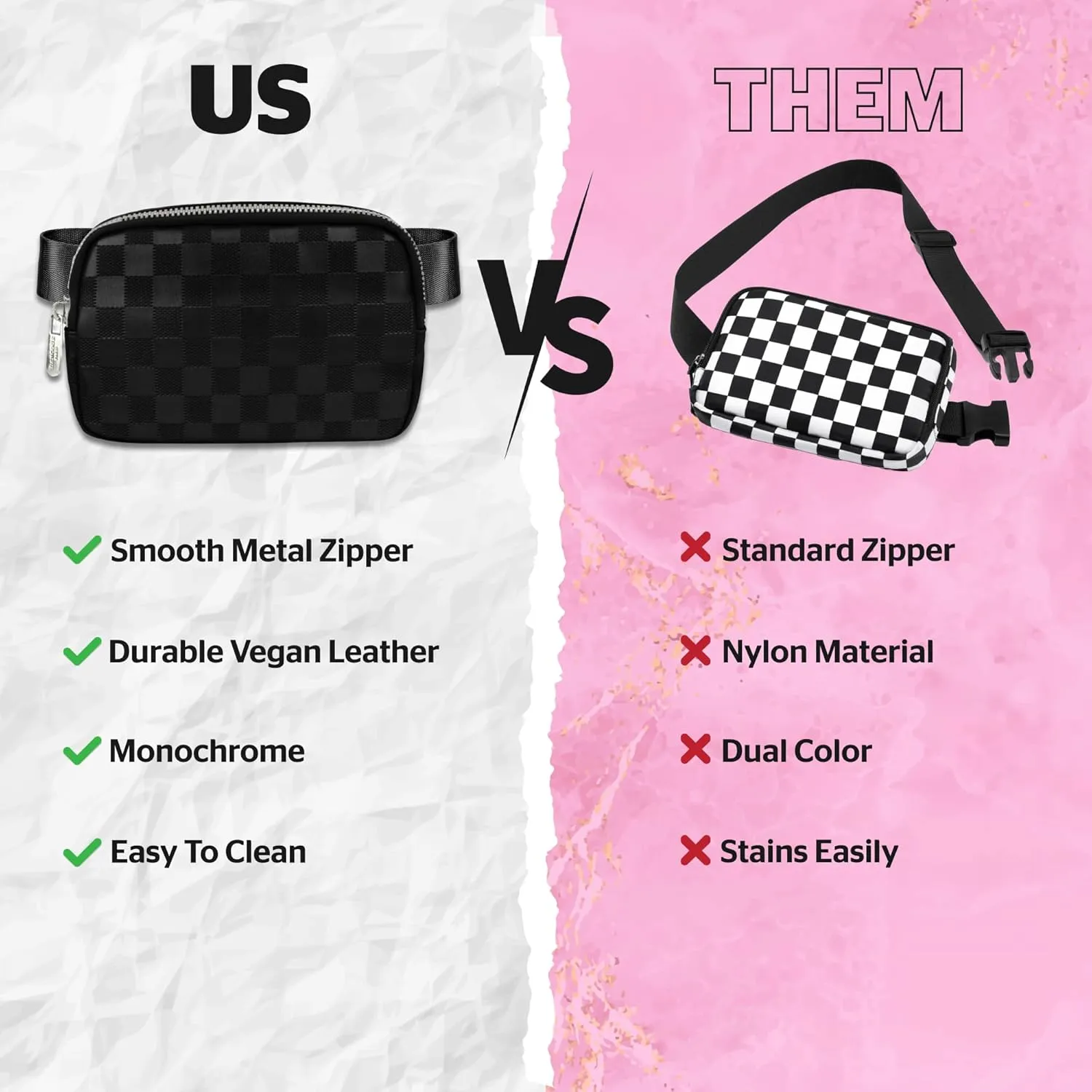 DANCOUR Black Checkered Belt Bag – Sleek Leather Crossbody Fanny Pack for Women, Trendy Waist Bag & Everyday Crossbody Purse, Stylish Travel Belt Bag for On-the-Go Fashion