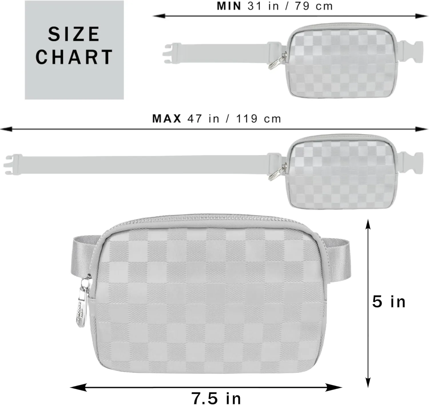 DANCOUR Silver Checkered Belt Bag – Stylish Leather Fanny Pack Crossbody, Trendy Waist Bag & Crossbody Bag for Women, Fashionable Travel Belt Bag, Everyday Cross Body Fanny Pack