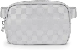 DANCOUR Silver Checkered Belt Bag – Stylish Leather Fanny Pack Crossbody, Trendy Waist Bag & Crossbody Bag for Women, Fashionable Travel Belt Bag, Everyday Cross Body Fanny Pack
