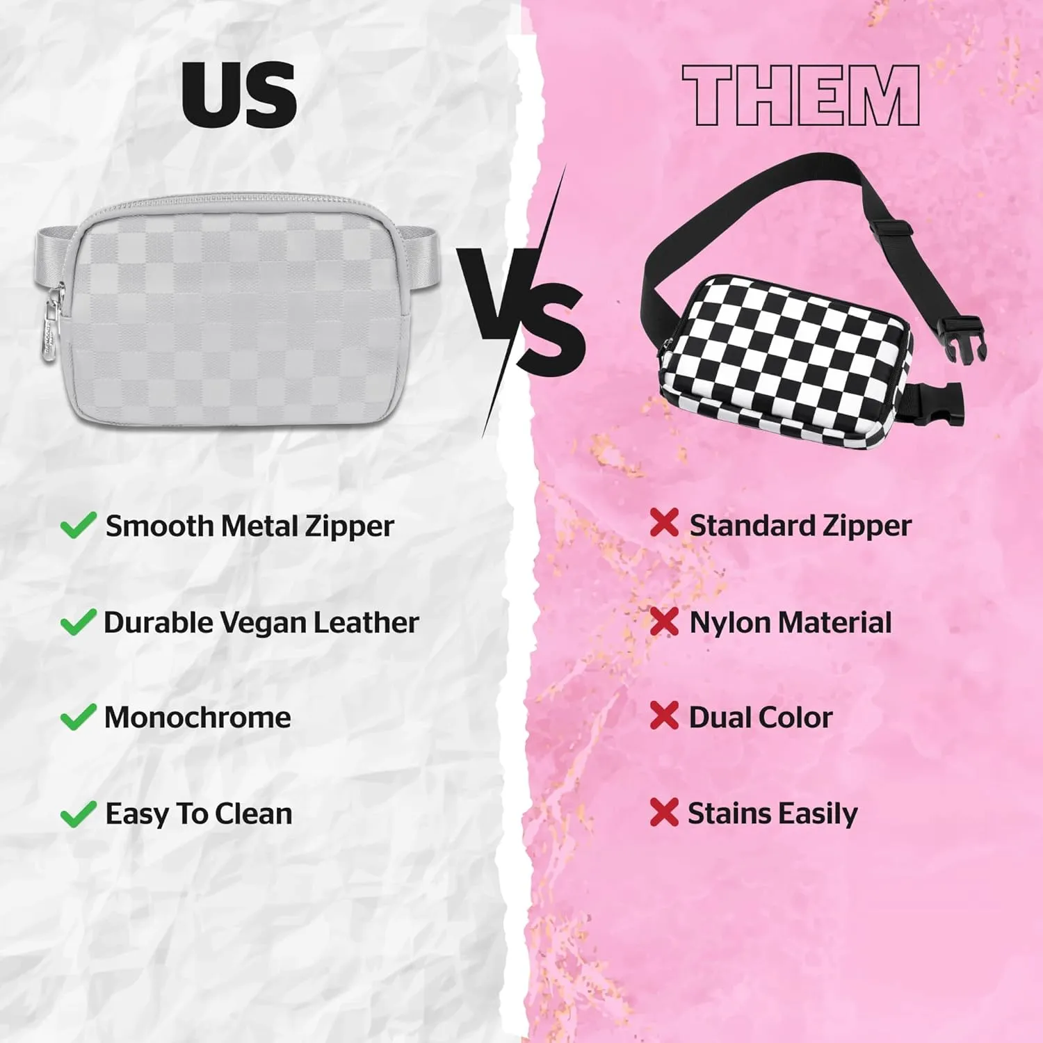 DANCOUR Silver Checkered Belt Bag – Stylish Leather Fanny Pack Crossbody, Trendy Waist Bag & Crossbody Bag for Women, Fashionable Travel Belt Bag, Everyday Cross Body Fanny Pack