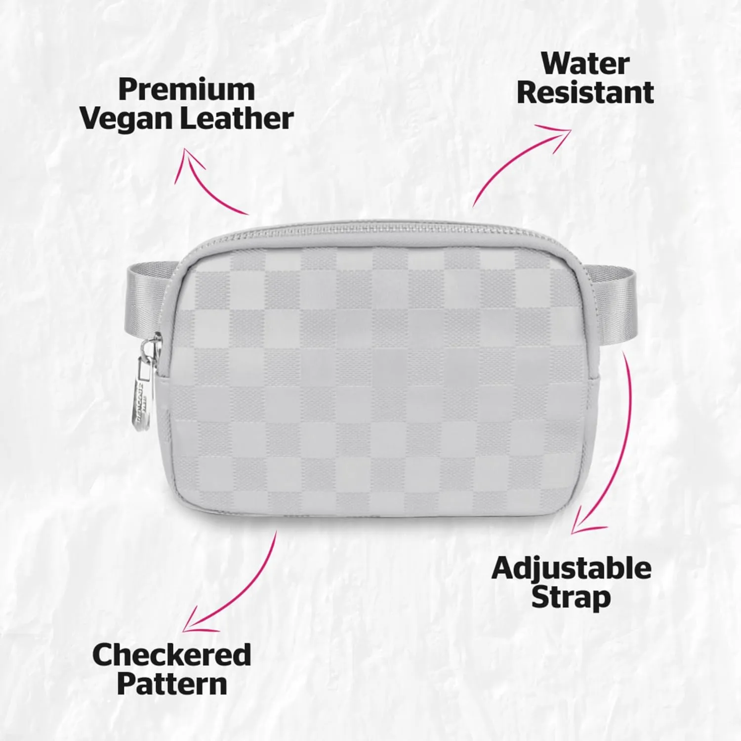DANCOUR Silver Checkered Belt Bag – Stylish Leather Fanny Pack Crossbody, Trendy Waist Bag & Crossbody Bag for Women, Fashionable Travel Belt Bag, Everyday Cross Body Fanny Pack
