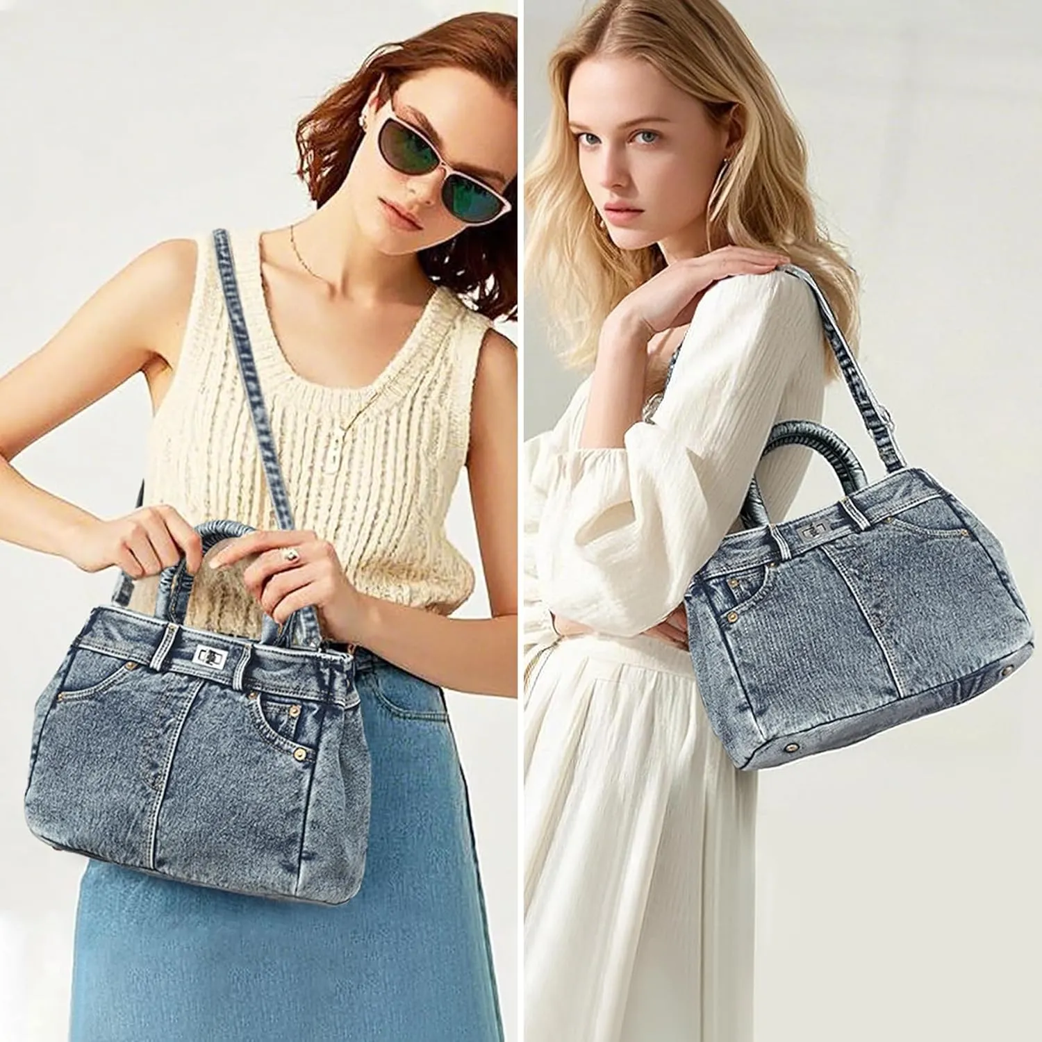 Dasein Trendy Denim Crossbody Bag Lightweight Satchel Shoulder Purse Handbag for Women w/Turn-Lock/Long Strap/Top Handle