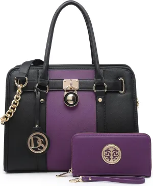 Dasein Two Tone Satchel Handbags Purses for Women Vegan Leather Shoulder Bags Large Tote Bag with Matching Wallet