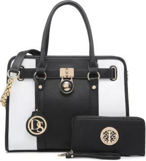Dasein Two Tone Satchel Handbags Purses for Women Vegan Leather Shoulder Bags Large Tote Bag with Matching Wallet