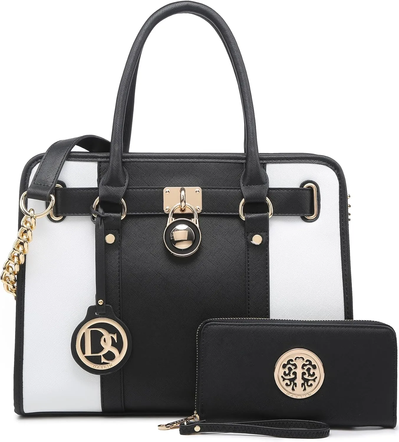 Dasein Two Tone Satchel Handbags Purses for Women Vegan Leather Shoulder Bags Large Tote Bag with Matching Wallet