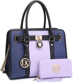 Dasein Two Tone Satchel Handbags Purses for Women Vegan Leather Shoulder Bags Large Tote Bag with Matching Wallet