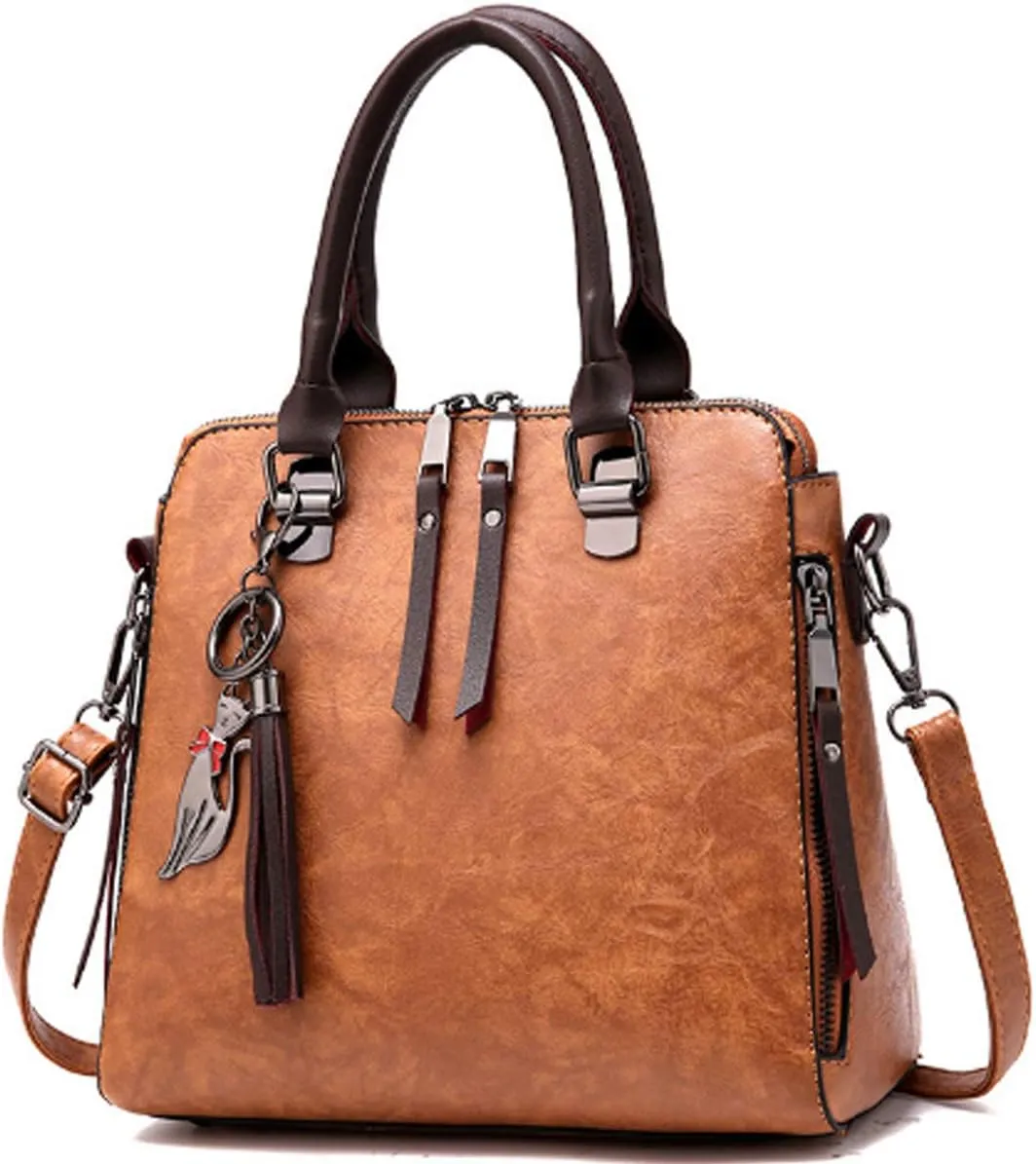 Dayfine Women Handbags Leather Satchel Tote Bags Top Handle Handbag Shoulder Bag Zip Purses Crossbody Bag Cute Cat Pendant