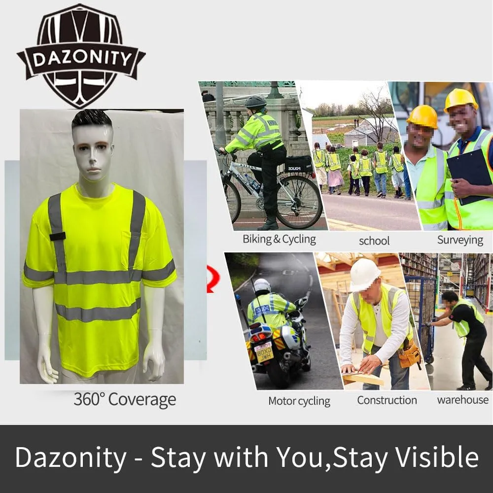 Dazonity Hi Vis T Shirt 3pcs, High Visibility Shirts for Men Women Work Safety Shirts with Reflective Strips and Pocket