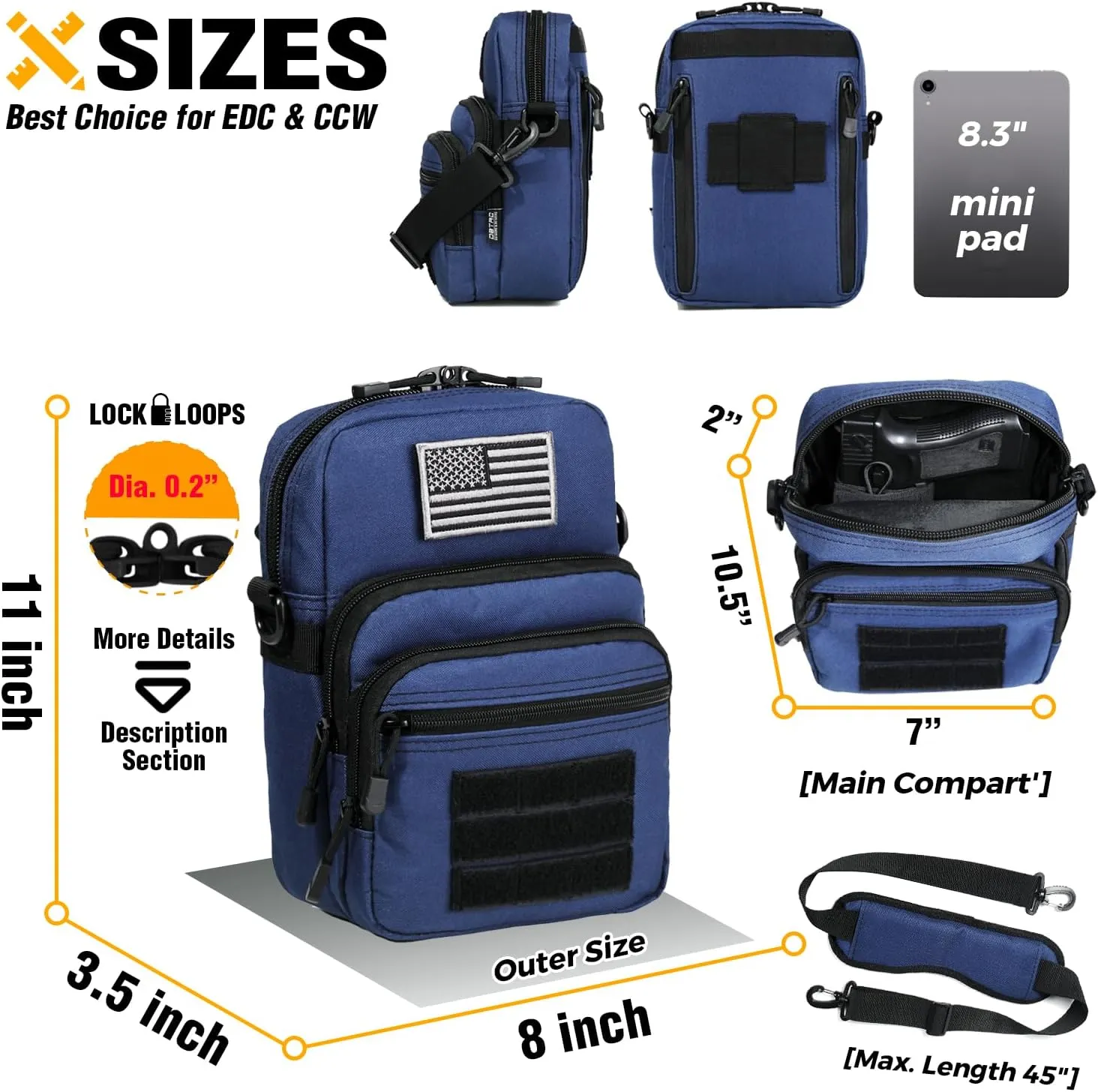 DBTAC Compact Gun Pouch w/Shoulder Strap | 3L CCW Crossbody Travel Bag Tactical Shoulder Bag w/Gun Holder, Urban Blue