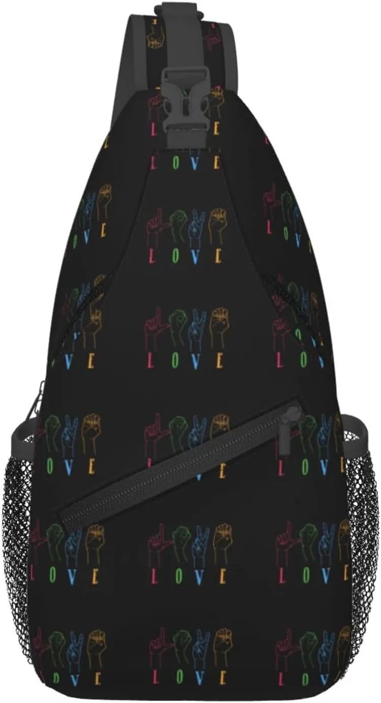 Deaf Awareness Sign Language Love Sling Bag Crossbody Backpack Shoulder Casual Daypack Bag for Men Women