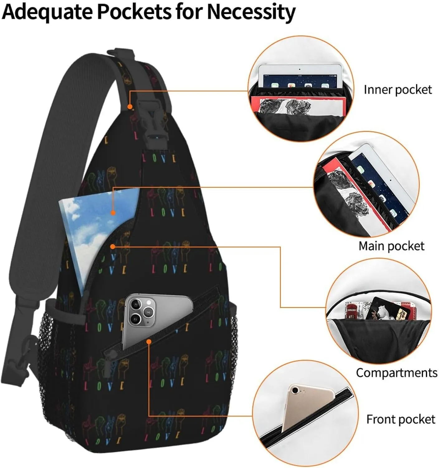 Deaf Awareness Sign Language Love Sling Bag Crossbody Backpack Shoulder Casual Daypack Bag for Men Women