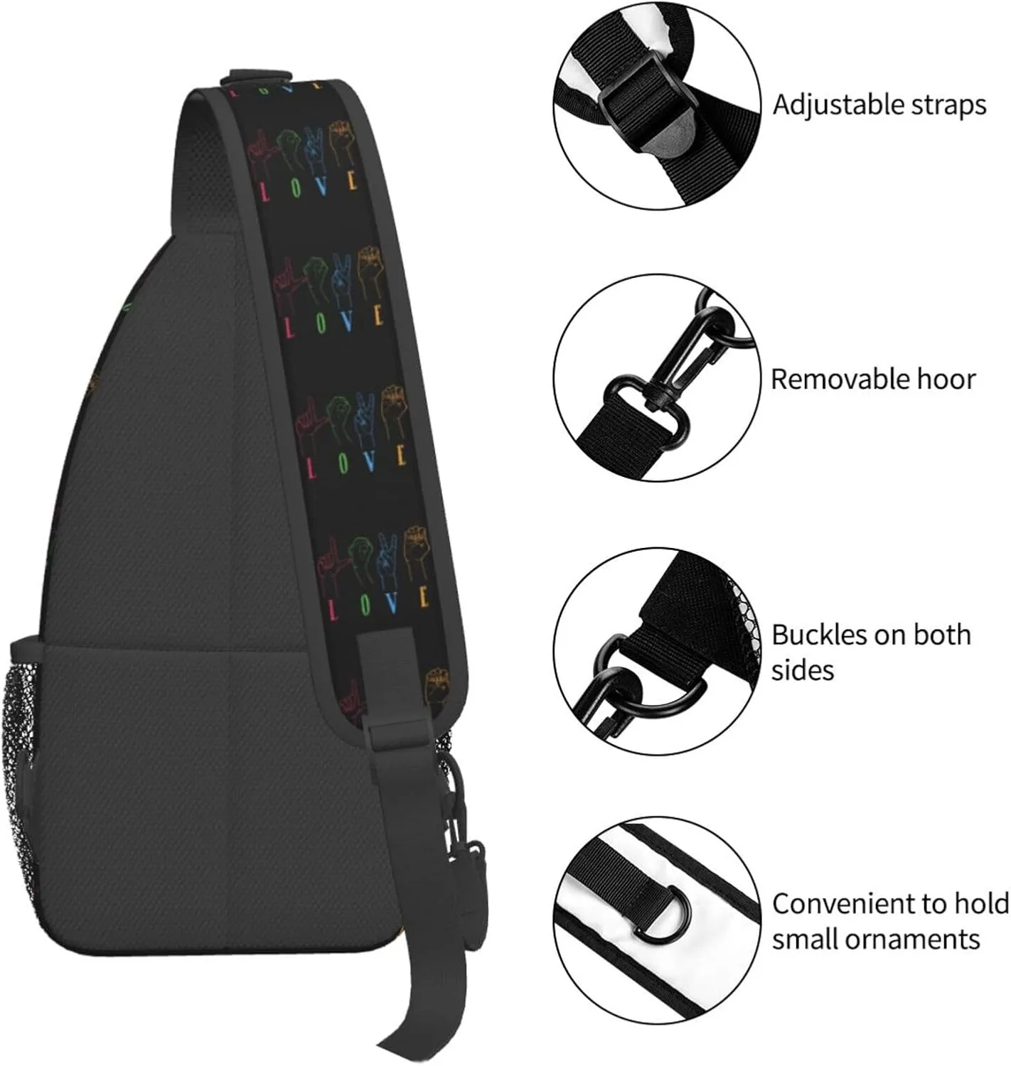 Deaf Awareness Sign Language Love Sling Bag Crossbody Backpack Shoulder Casual Daypack Bag for Men Women