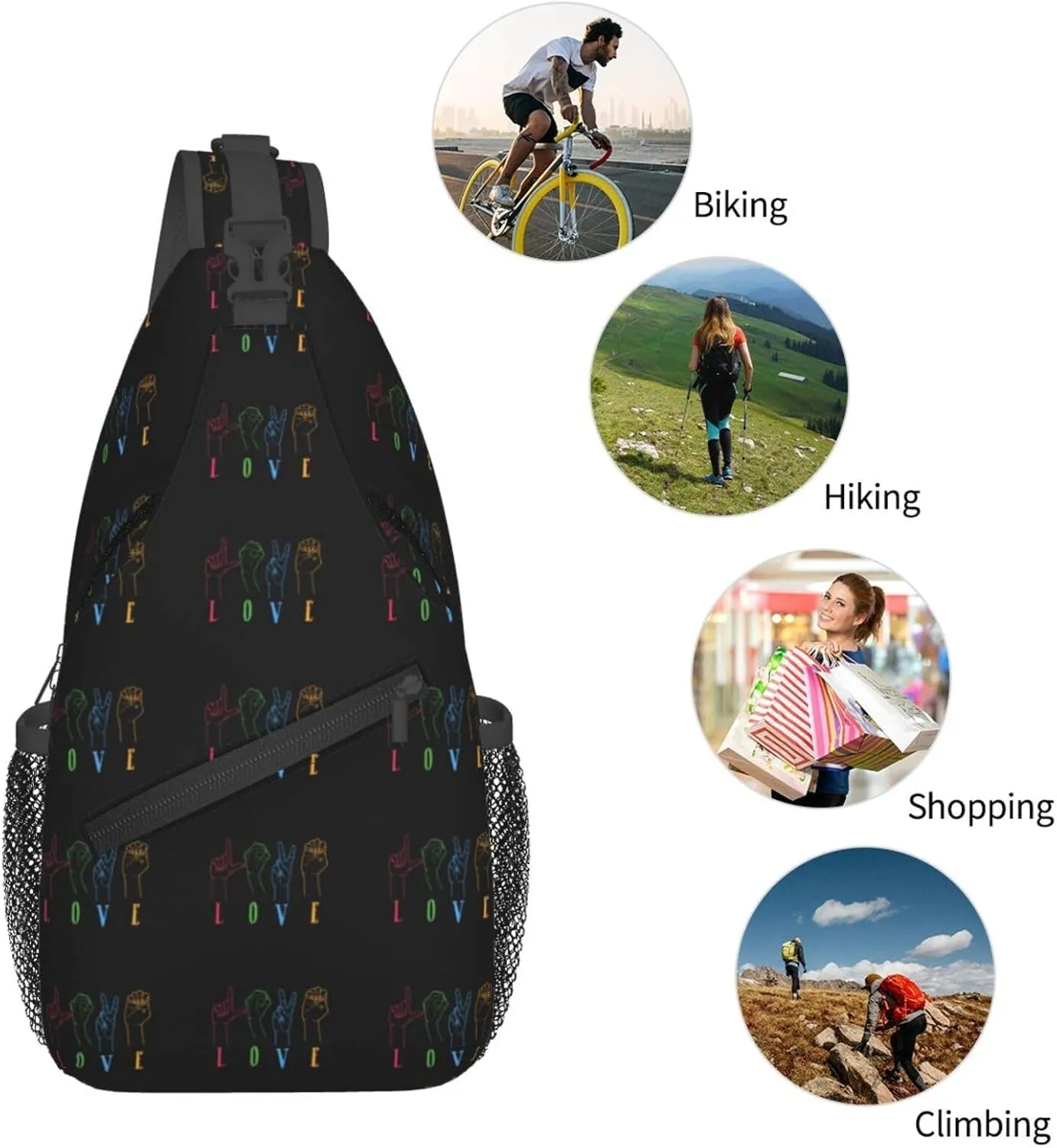 Deaf Awareness Sign Language Love Sling Bag Crossbody Backpack Shoulder Casual Daypack Bag for Men Women