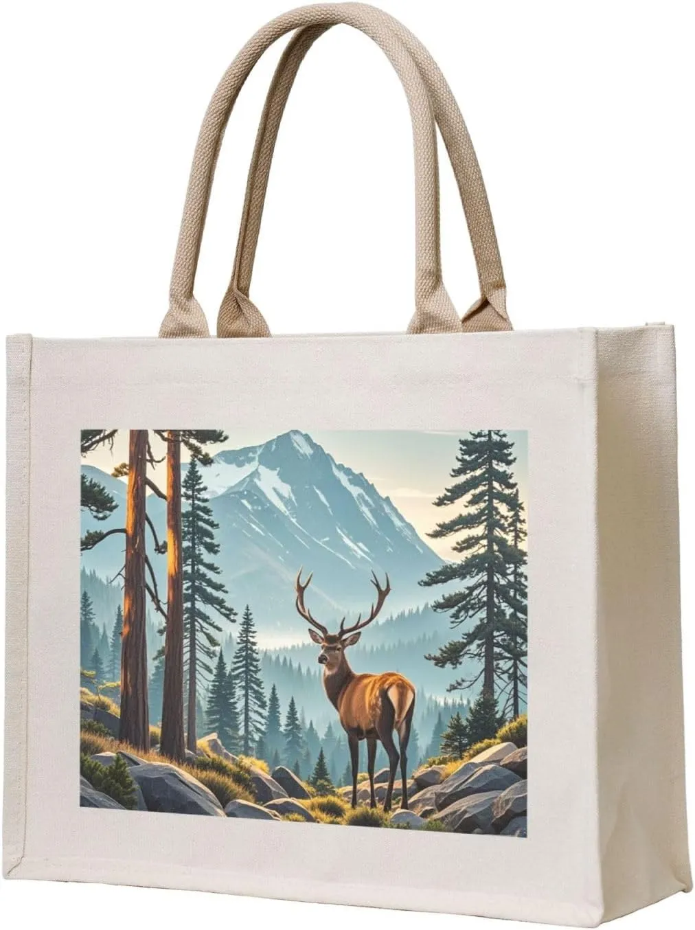 Deer Mountain Pine Tree Wilderness Print 3D Canvas Handbags - Hot Stamping,Grocery Shopping,Washable Canvas Bags With Handles