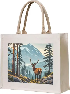Deer Mountain Pine Tree Wilderness Print 3D Canvas Handbags - Hot Stamping,Grocery Shopping,Washable Canvas Bags With Handles