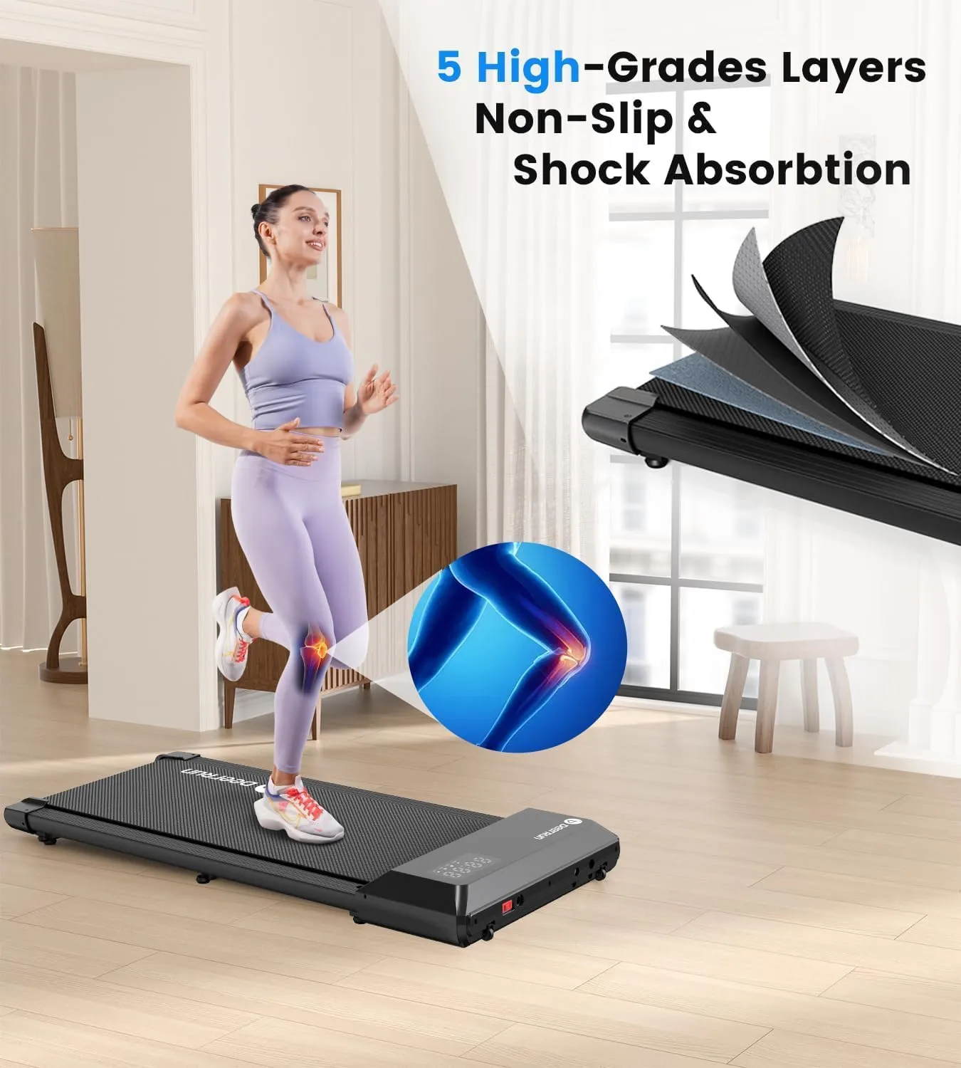 DeerRun Walking Pad 2 in 1 Under Desk Treadmill, 2.2HP Low Noise Walking Pad Running Jogging Machine with Remote Control for Home Office, Lightweight Portable Desk Treadmill Installation Free
