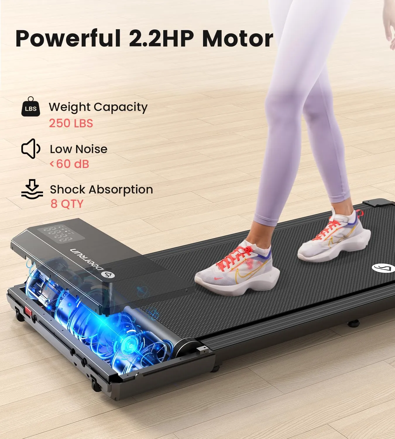 DeerRun Walking Pad 2 in 1 Under Desk Treadmill, 2.2HP Low Noise Walking Pad Running Jogging Machine with Remote Control for Home Office, Lightweight Portable Desk Treadmill Installation Free