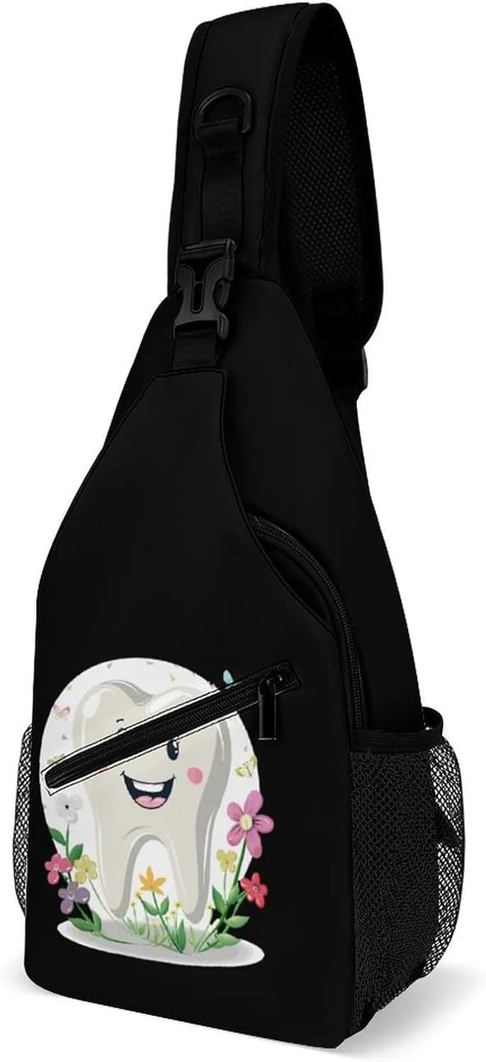 Dentist Dental Assistant Oral Hygienist Tooth Flower Sling Bag for Men Women Durable Crossbody Backpack Chest Bag Daypack for Travel Hiking