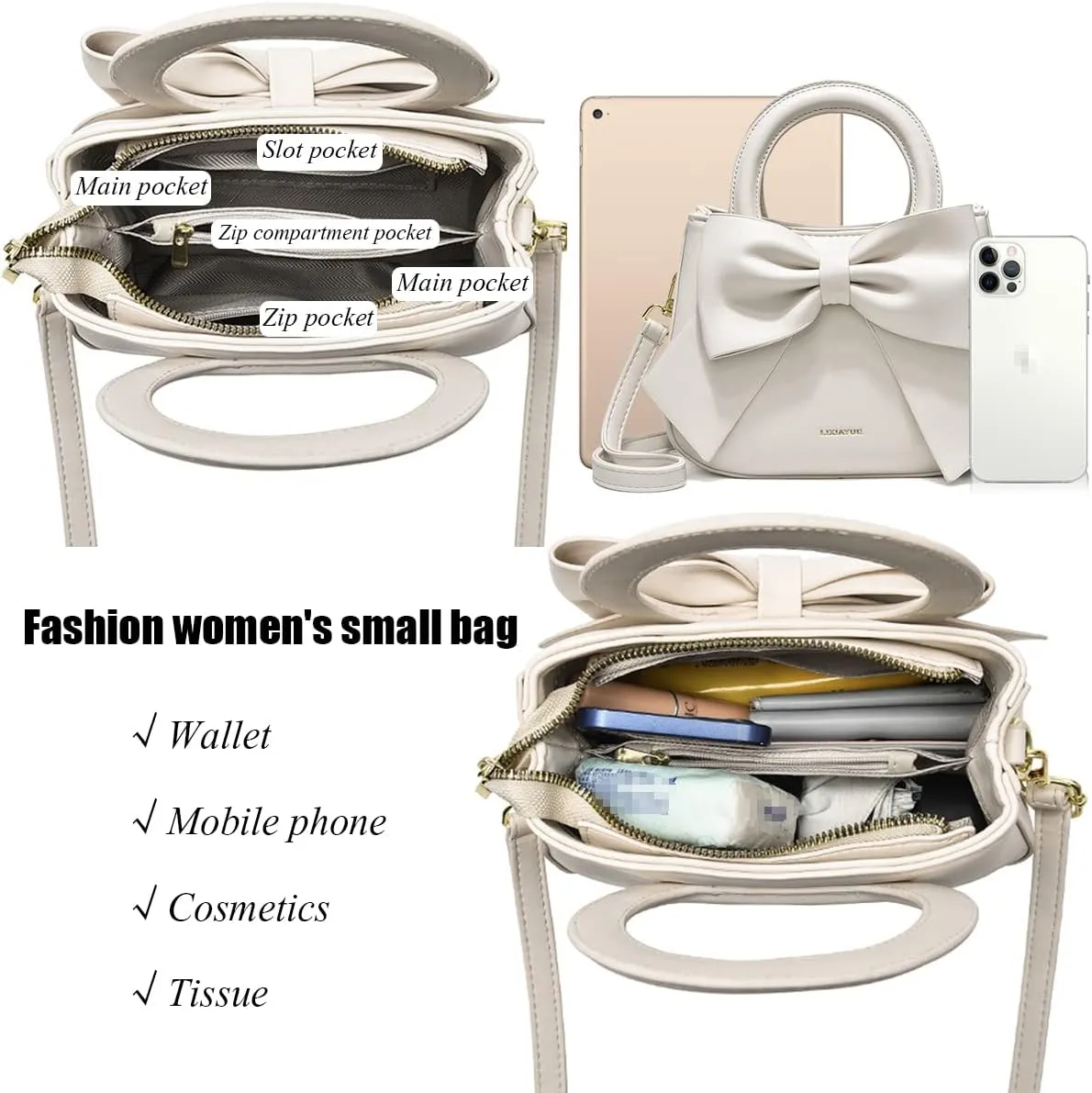 Designer Small Handbags for Women with Top Carry Handle and Cute Bow Knot,Leather Purses and Over-Shoulder Strap