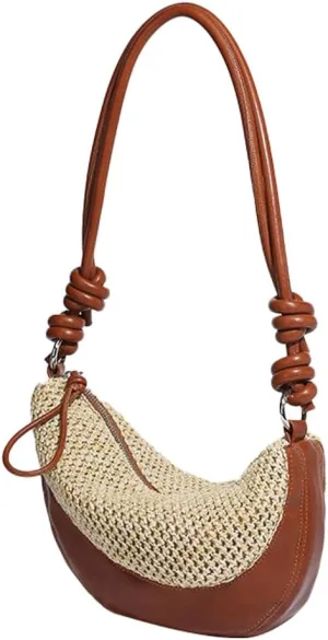 Designer Straw Purses for Women Woven Dumpling Bag Straw Tote Crescent Shoulder Bag Vacation Handbags Summer Beach Purse