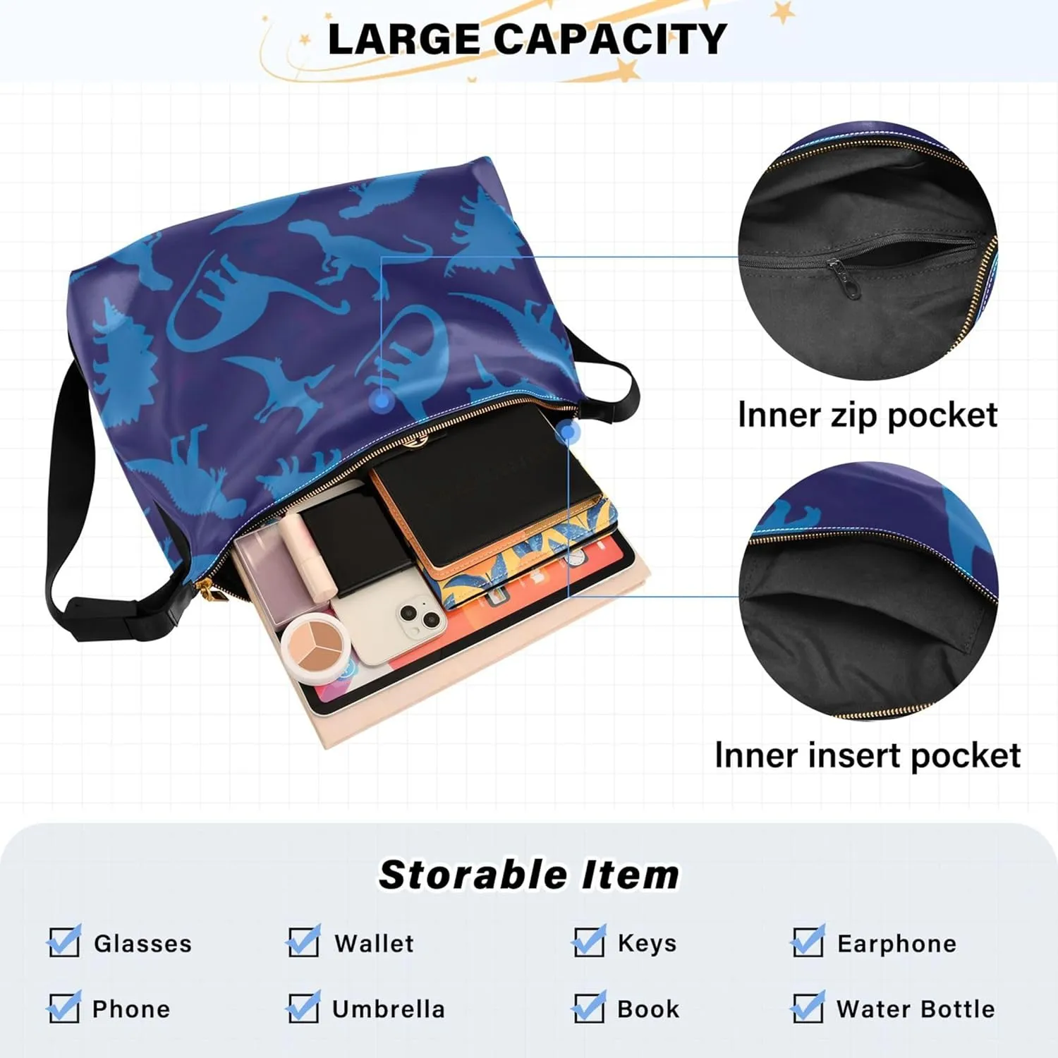 Dino Trex Roar Gray Hobo Women Handbag Leather Large Crossbody Purses Cartoon Animal Print Designer Shoulder Purse