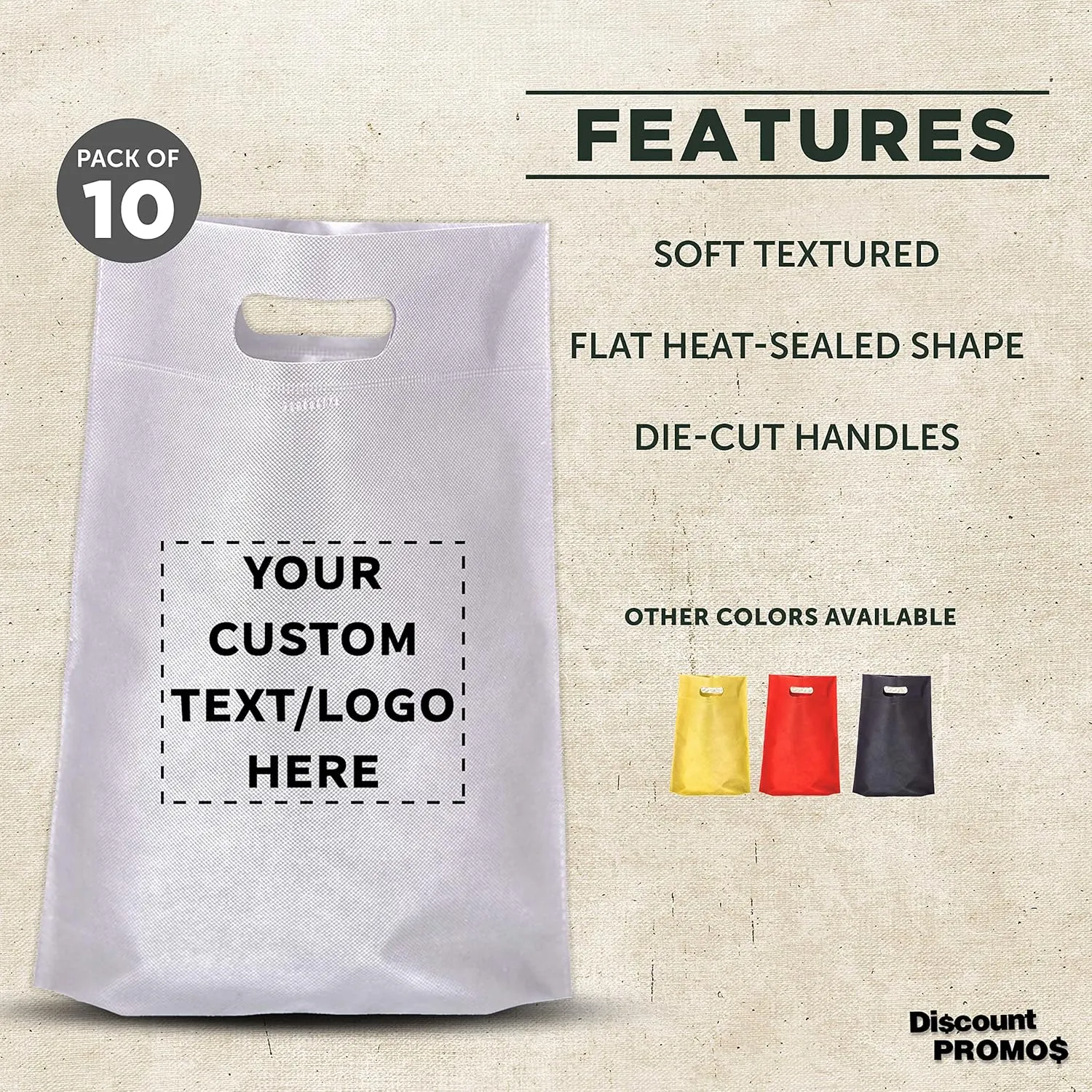 DISCOUNT PROMOS Custom Non-Woven Exhibition Tote Bags Set of 10, Personalized Bulk Pack - Perfect for Shopping, Grocery, Beach, Picnic - White 11"X14"2.5", Die-cut Handles