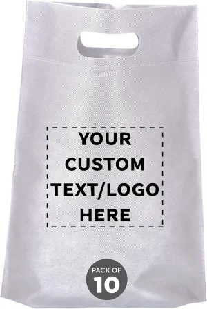 DISCOUNT PROMOS Custom Non-Woven Exhibition Tote Bags Set of 10, Personalized Bulk Pack - Perfect for Shopping, Grocery, Beach, Picnic - White 11"X14"2.5", Die-cut Handles