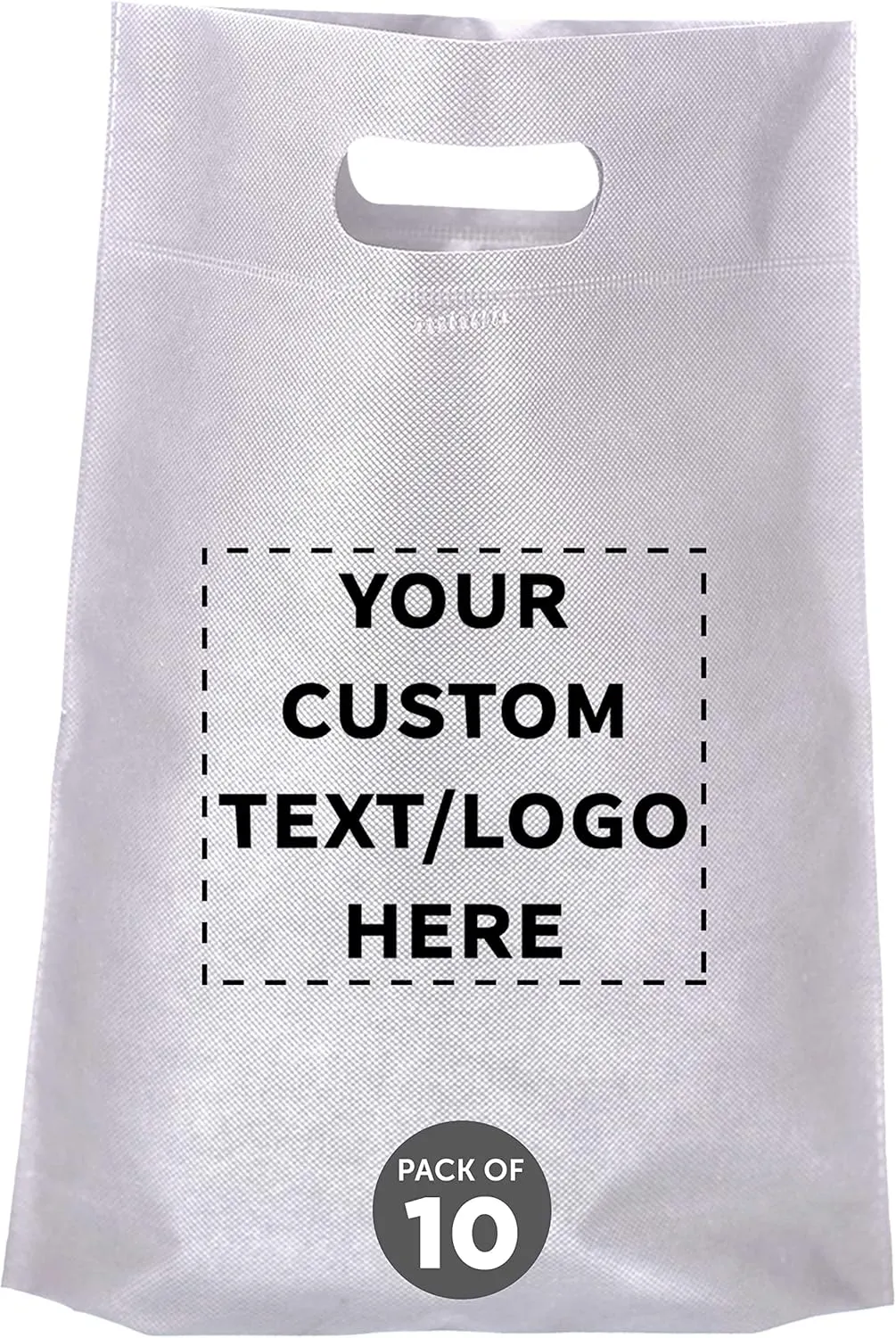 DISCOUNT PROMOS Custom Non-Woven Exhibition Tote Bags Set of 10, Personalized Bulk Pack - Perfect for Shopping, Grocery, Beach, Picnic - White 11"X14"2.5", Die-cut Handles
