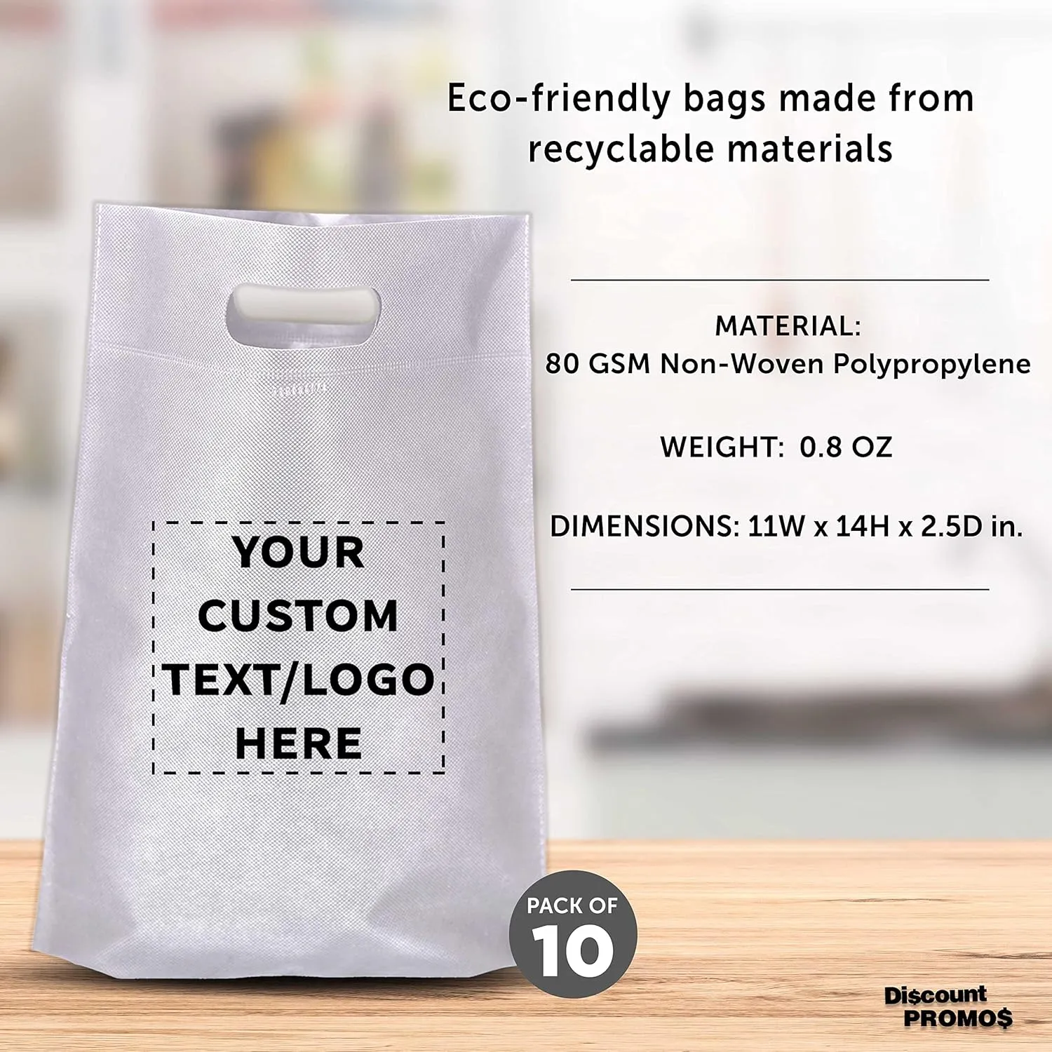 DISCOUNT PROMOS Custom Non-Woven Exhibition Tote Bags Set of 10, Personalized Bulk Pack - Perfect for Shopping, Grocery, Beach, Picnic - White 11"X14"2.5", Die-cut Handles