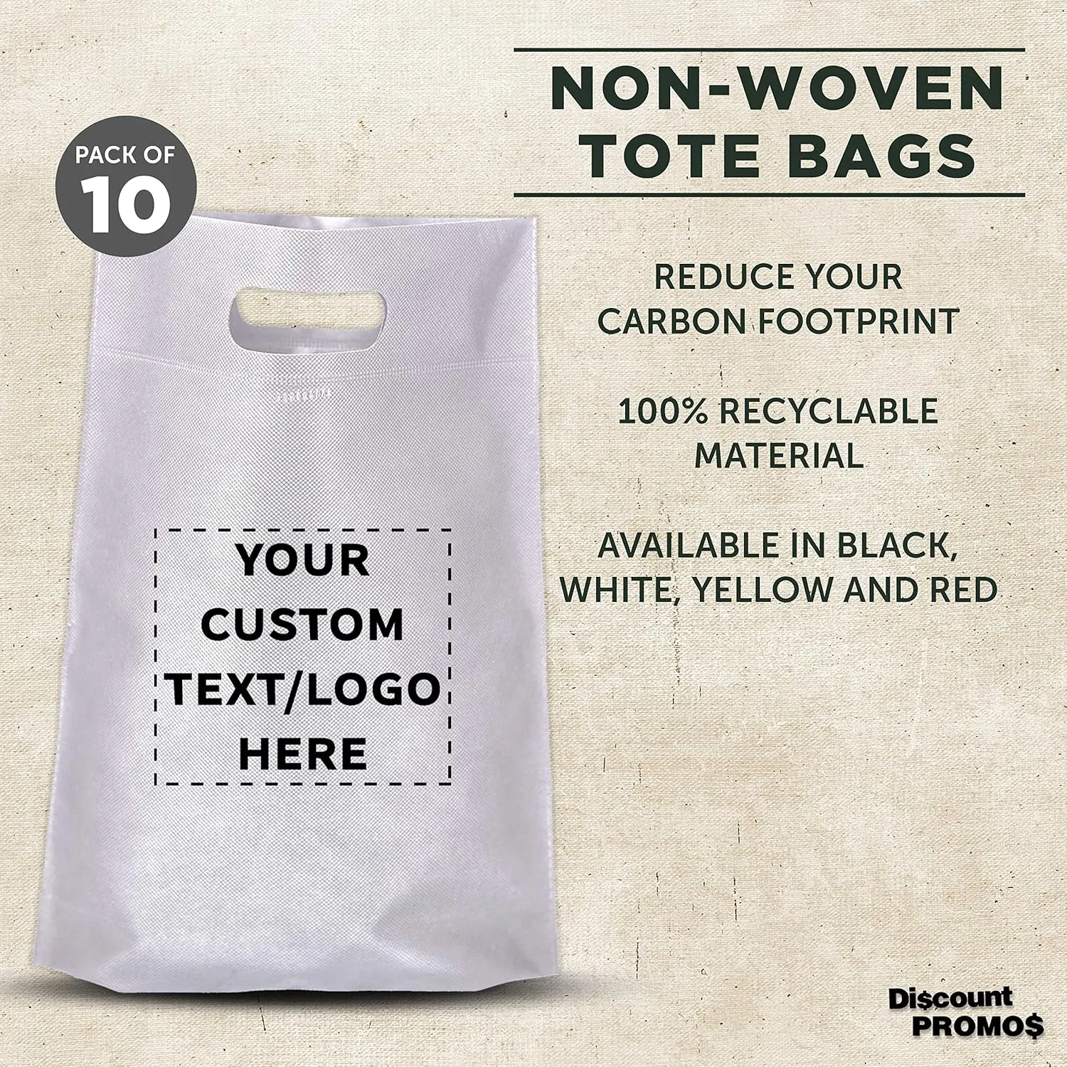 DISCOUNT PROMOS Custom Non-Woven Exhibition Tote Bags Set of 10, Personalized Bulk Pack - Perfect for Shopping, Grocery, Beach, Picnic - White 11"X14"2.5", Die-cut Handles