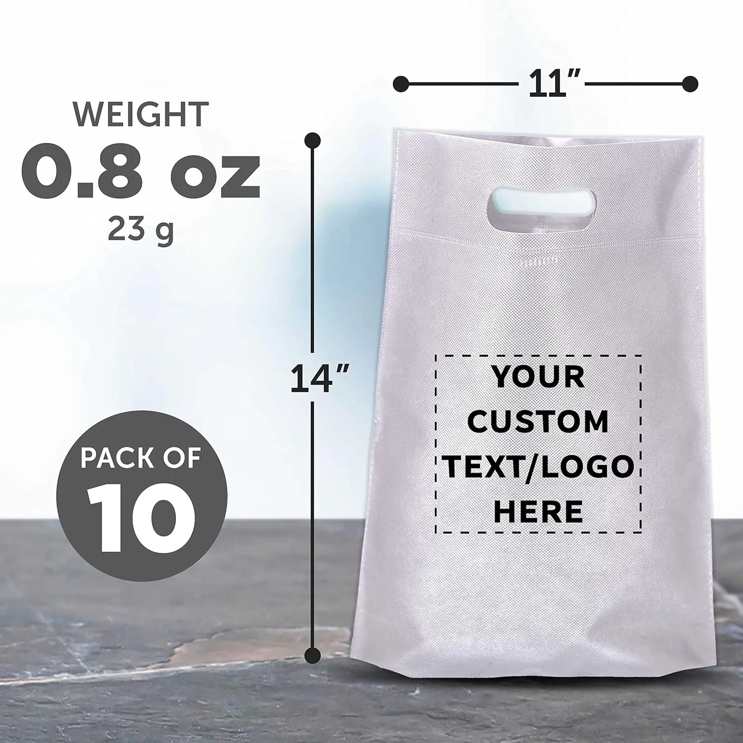 DISCOUNT PROMOS Custom Non-Woven Exhibition Tote Bags Set of 10, Personalized Bulk Pack - Perfect for Shopping, Grocery, Beach, Picnic - White 11"X14"2.5", Die-cut Handles