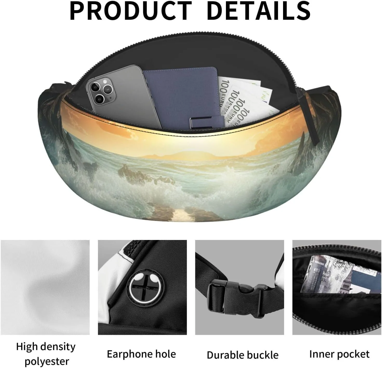 Divided Sea Pathway Fanny Pack for Women Men Waist Bag Waterproof Belt Bag with Adjustable Strap