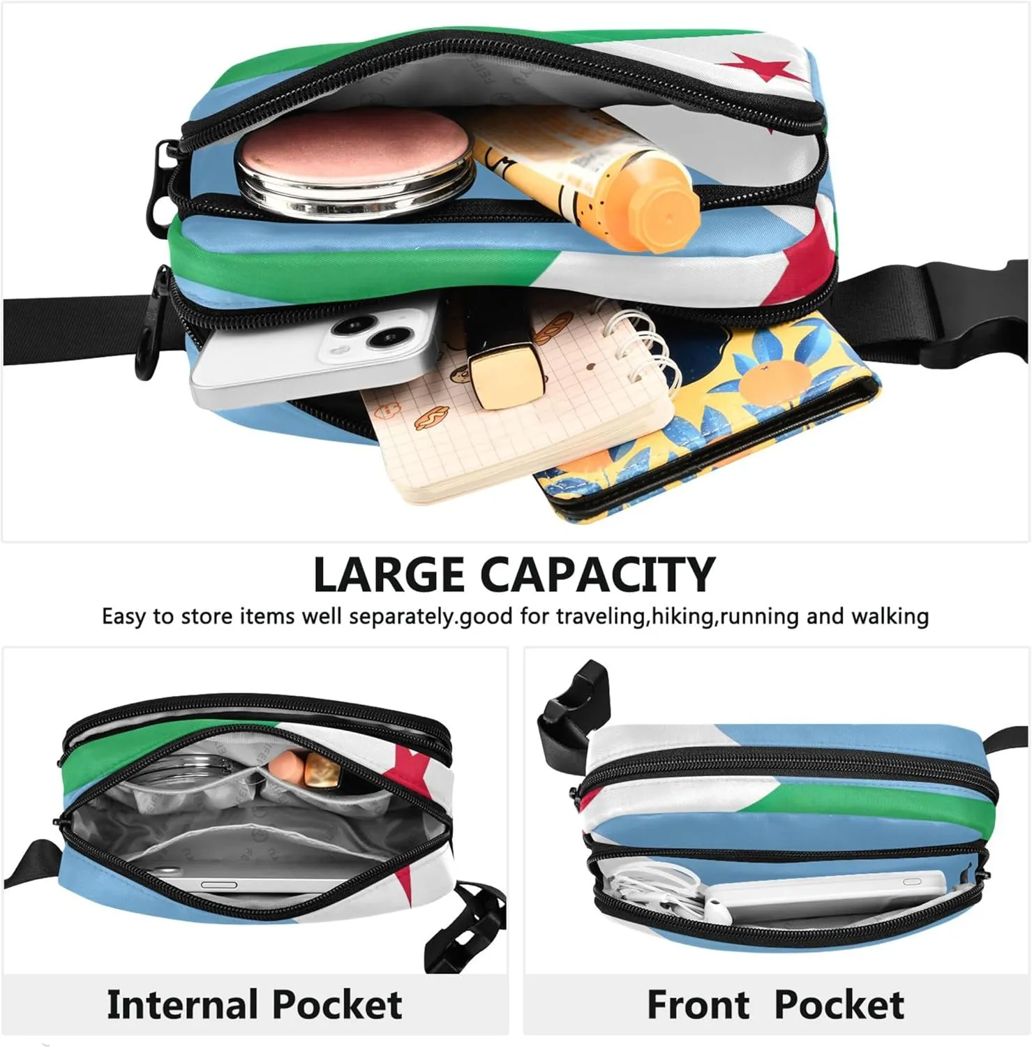 Djibouti Flag National Waterproof Fanny Packs for Women Hip Pack Belt Bag Hiking Travel Waist Pack for Men