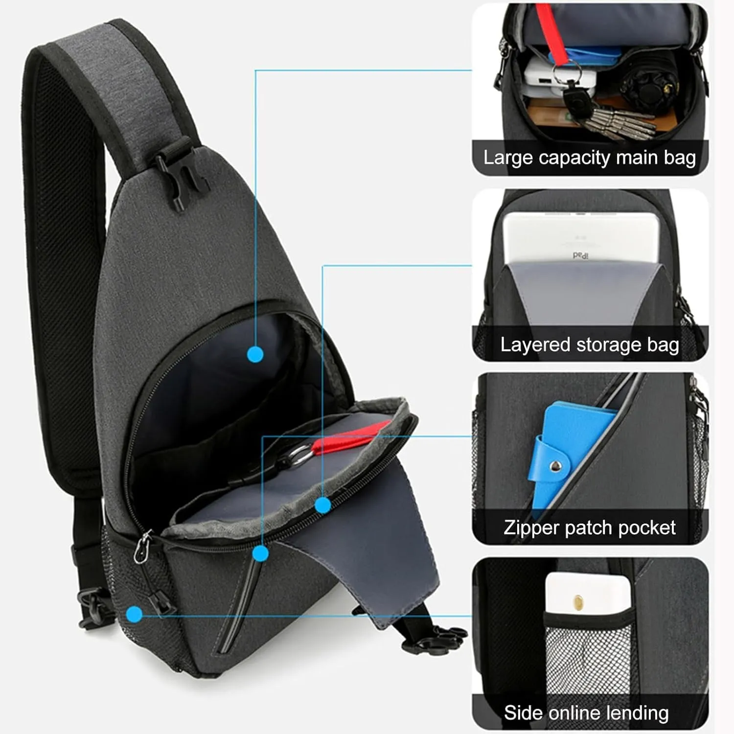 DOJUNS Crossbody Bags Sling Backpack, Sling Bag Cross body Shoulder Bag for Men and Women Chest Bag Travel Hiking Daypack (Black)