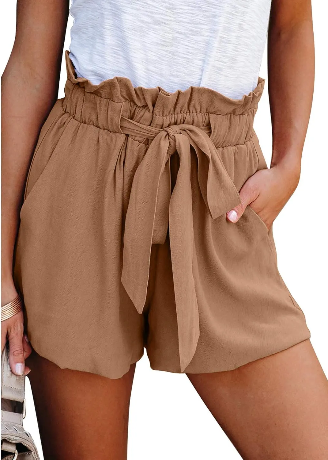 Dokotoo Womens Casual Summer 2024 Ruffle Belted Elastic Waist Shorts with Pockets