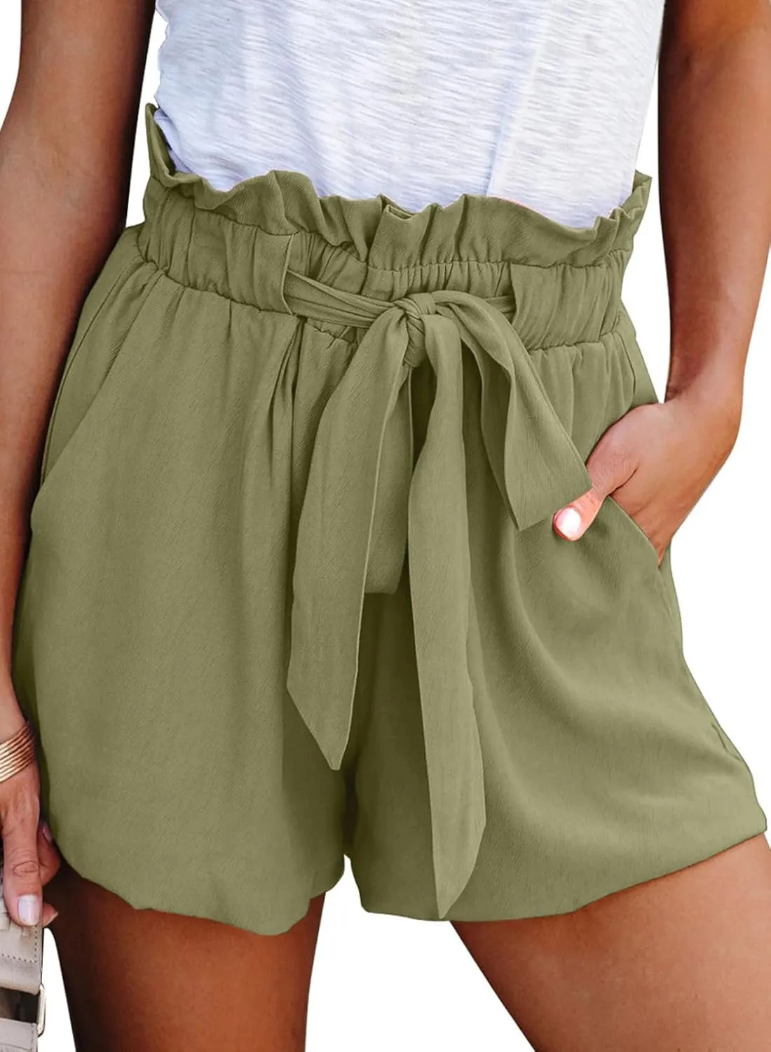 Dokotoo Womens Casual Summer 2024 Ruffle Belted Elastic Waist Shorts with Pockets