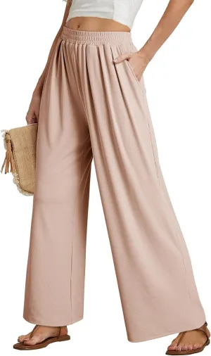 Dokotoo Women's Elastic Waist Wide Leg Pants Baggy Casual Stretch Palazzo Pants with Pockets