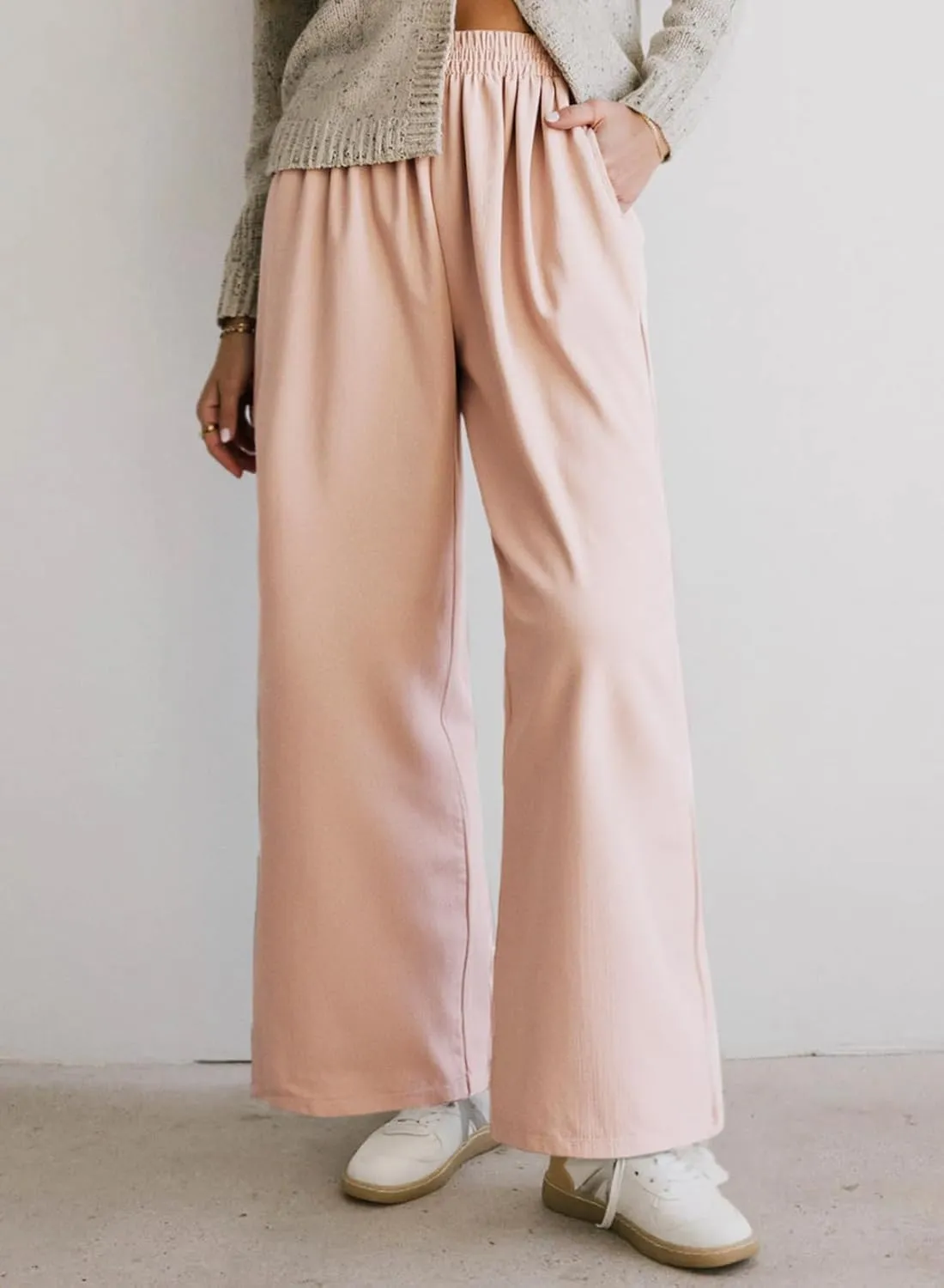 Dokotoo Women's Elastic Waist Wide Leg Pants Baggy Casual Stretch Palazzo Pants with Pockets