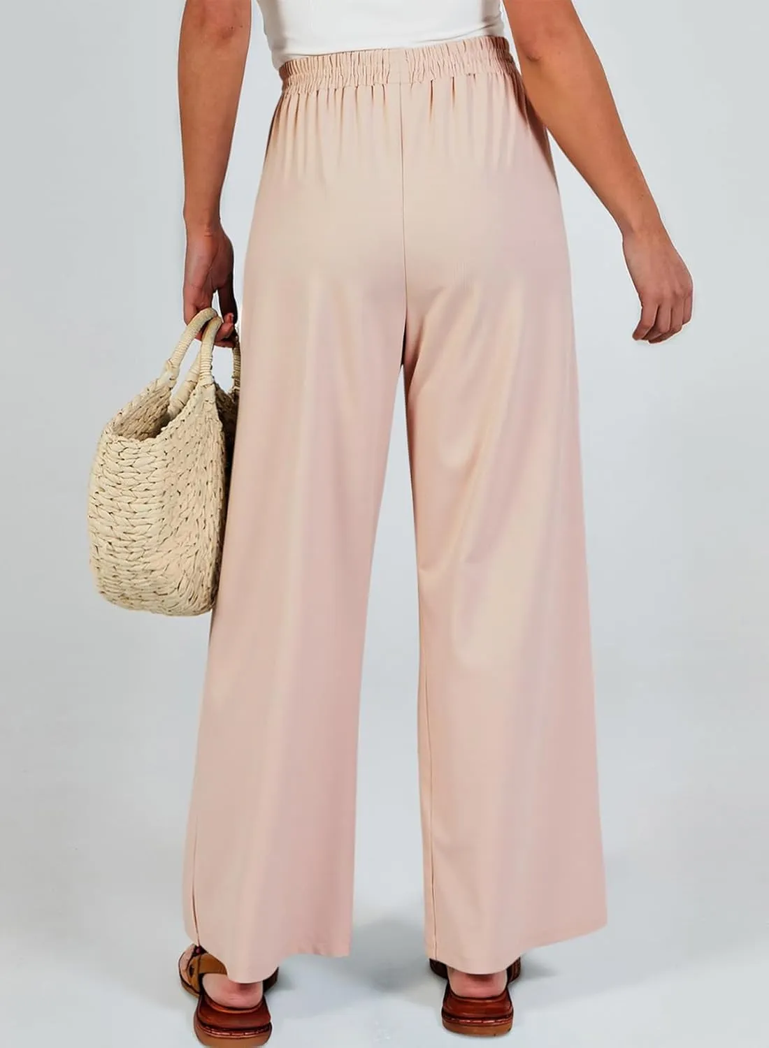 Dokotoo Women's Elastic Waist Wide Leg Pants Baggy Casual Stretch Palazzo Pants with Pockets