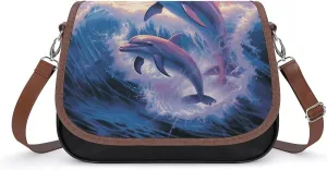 Dolphins Art Shoulder Bag for Women, Leather Crossbody Bag Adjustable Removable Shoulder Strap, Hands-Free Bags