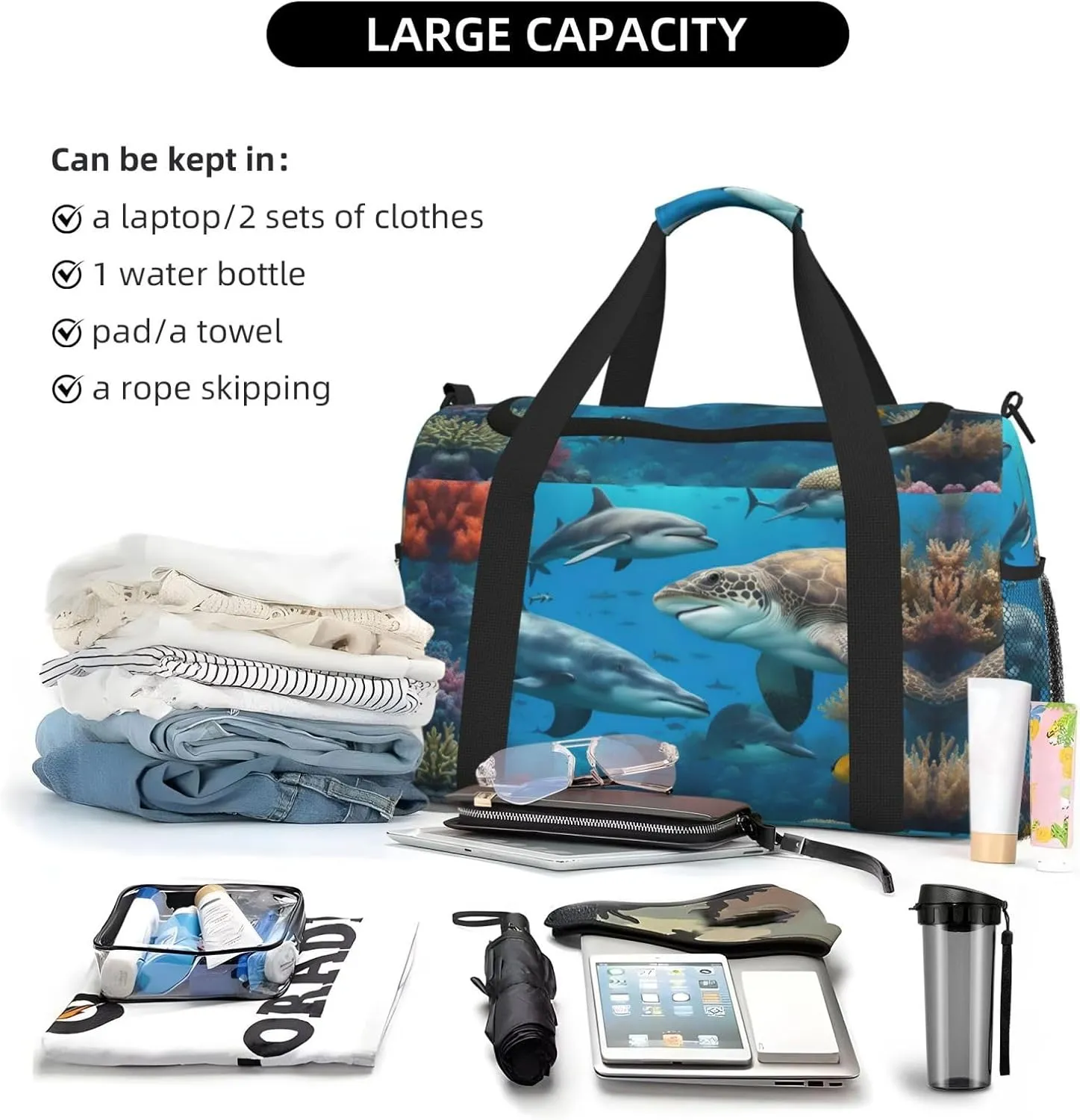 Dolphins Shark Coral Reef Travel Bag, Weekender Bags For Women Men For Outdoor Adventures, Ideal For Camping And Hiking
