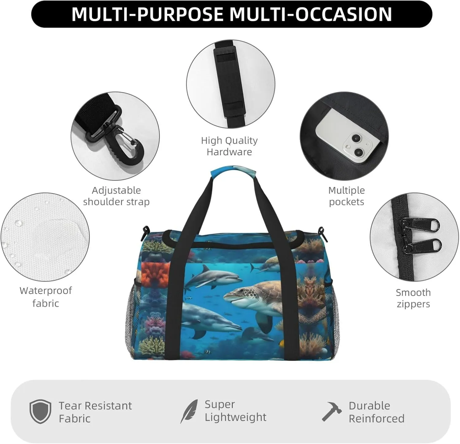 Dolphins Shark Coral Reef Travel Bag, Weekender Bags For Women Men For Outdoor Adventures, Ideal For Camping And Hiking