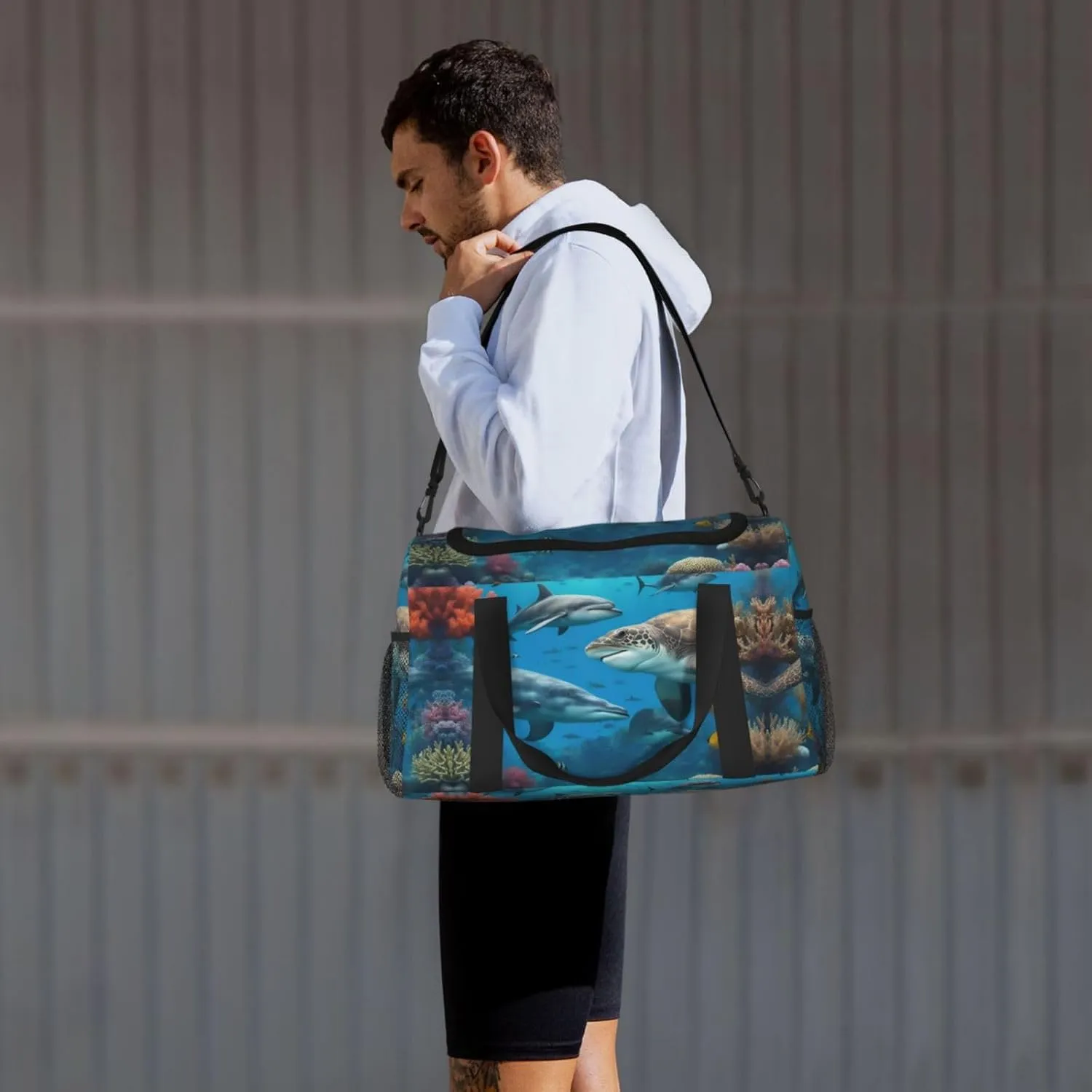 Dolphins Shark Coral Reef Travel Bag, Weekender Bags For Women Men For Outdoor Adventures, Ideal For Camping And Hiking