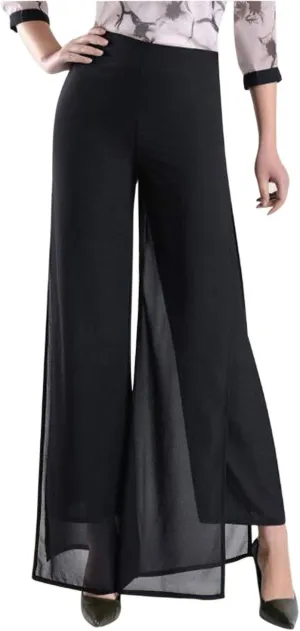 Double Plus Open Womens Chiffon High Waist Palazzo Dressy Pants Flare Elastic Waist Culottes Trousers Pant