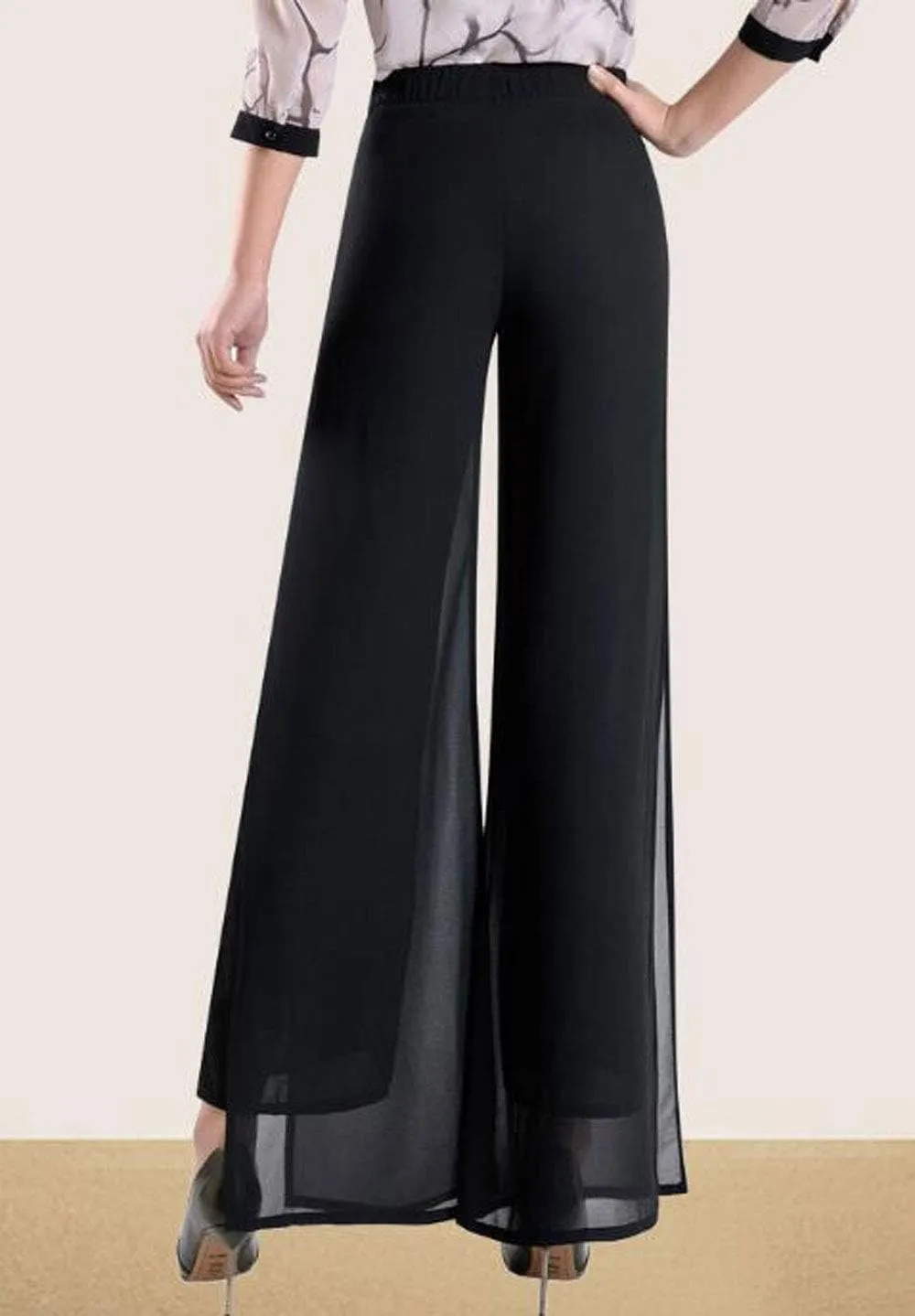 Double Plus Open Womens Chiffon High Waist Palazzo Dressy Pants Flare Elastic Waist Culottes Trousers Pant