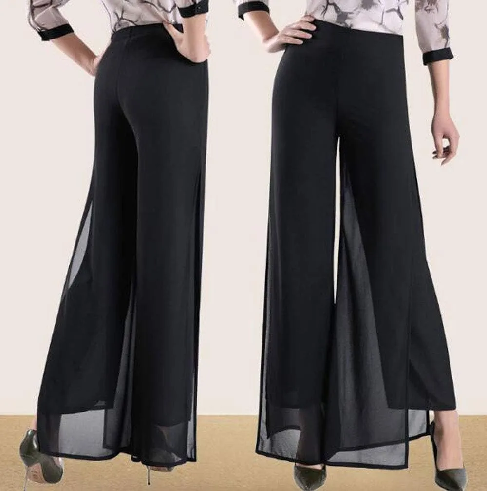 Double Plus Open Womens Chiffon High Waist Palazzo Dressy Pants Flare Elastic Waist Culottes Trousers Pant