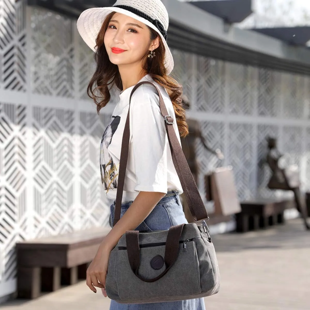 DOURR Hobo Handbags Canvas Crossbody Bags for Women, Multi Compartment Tote Purse Medium Satchel