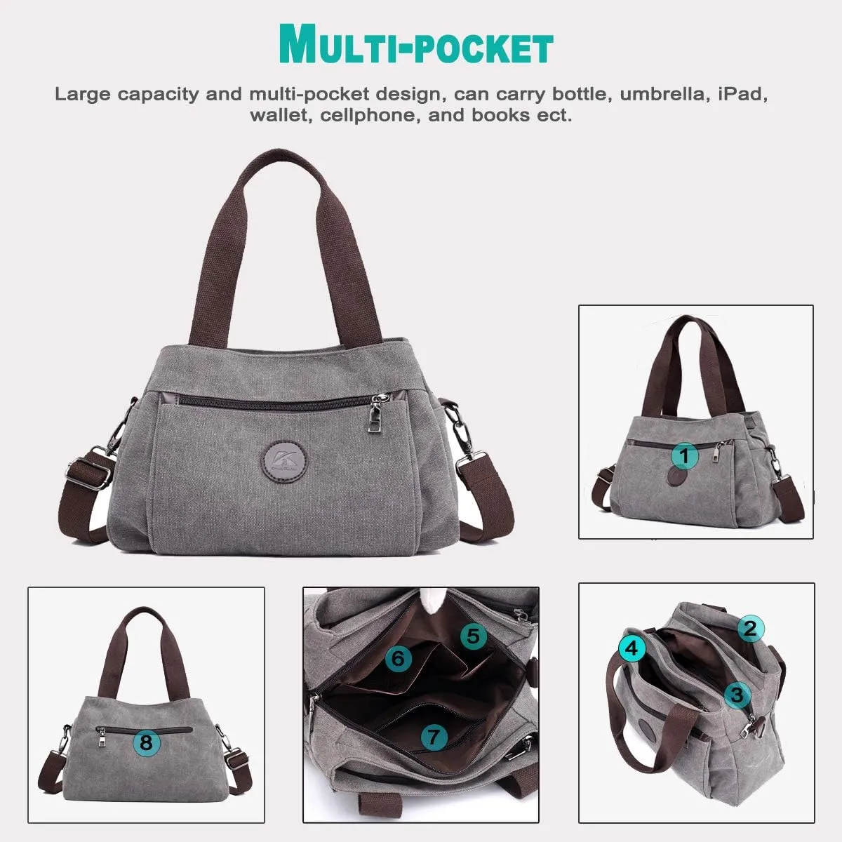 DOURR Hobo Handbags Canvas Crossbody Bags for Women, Multi Compartment Tote Purse Medium Satchel