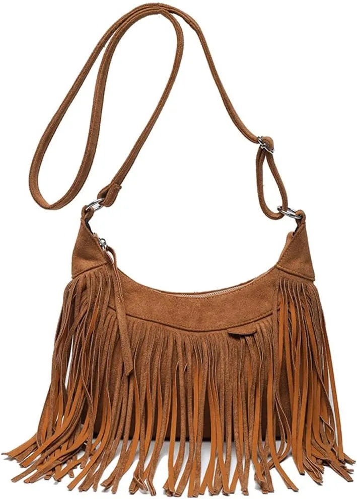 Downupdown Fringe Crossbody Bag for Women Vintage Suede Hobo Purse Handbags Shoulder Bag Bohemian Messenger Bags Zip Satchel