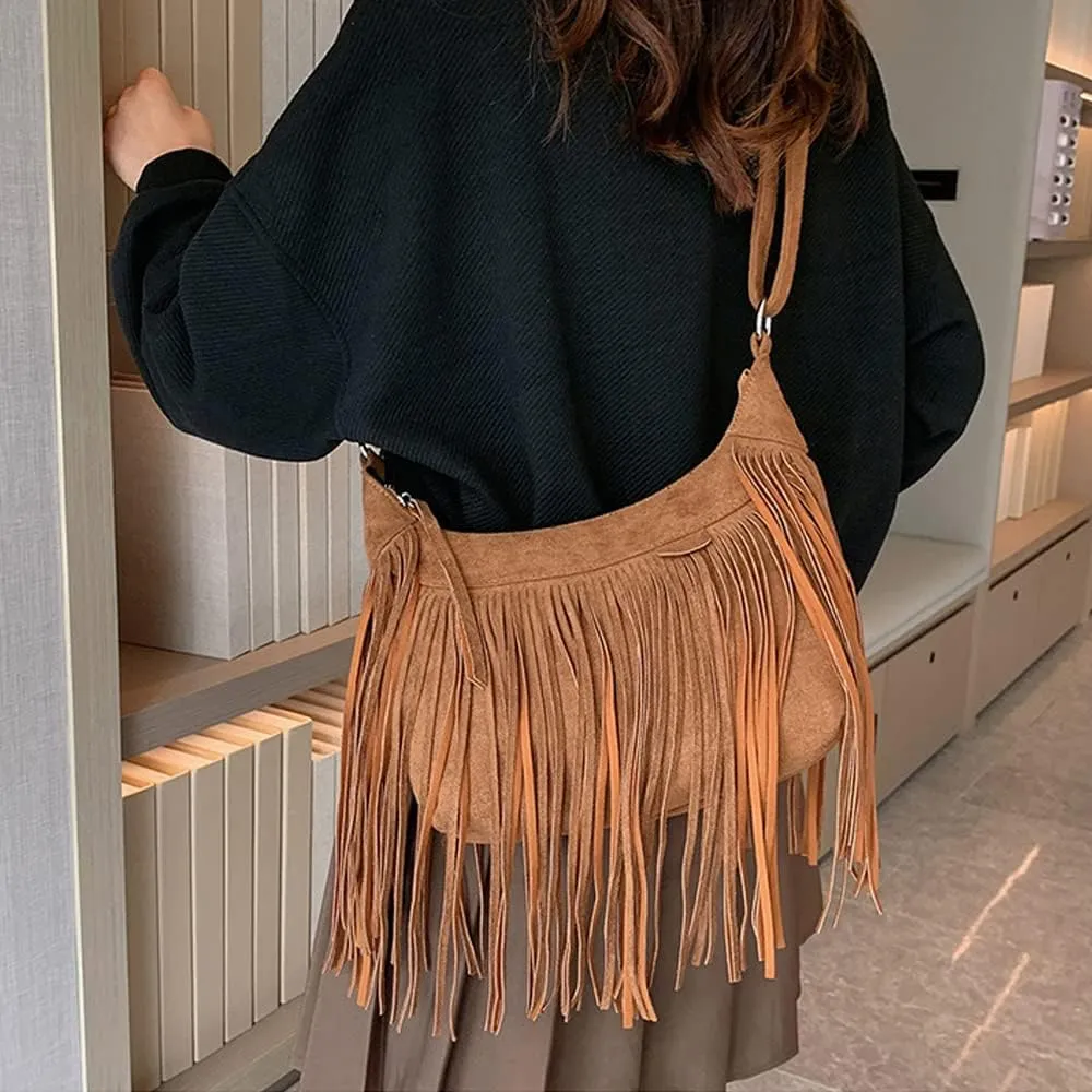 Downupdown Fringe Crossbody Bag for Women Vintage Suede Hobo Purse Handbags Shoulder Bag Bohemian Messenger Bags Zip Satchel